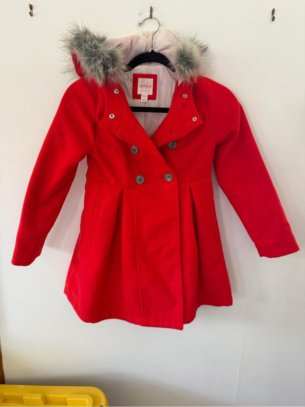 Cat & Jack Bright Red Hooded Double-Breasted Peacoat with Faux Fur Hood Trim